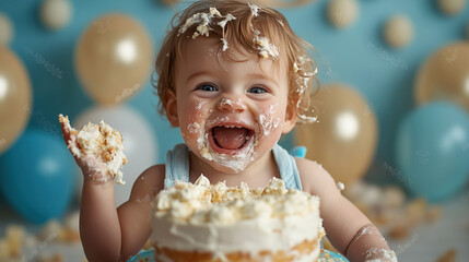 a toddler with a messy birthday cake, enjoying a fun cake smash moment