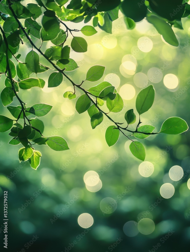 Aufkleber lush green leaves on branches against a bokeh background creating a serene and natural ambiance with