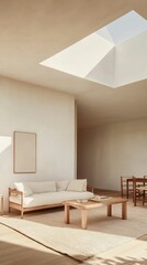 Minimalist living room, light wood furniture, skylight.