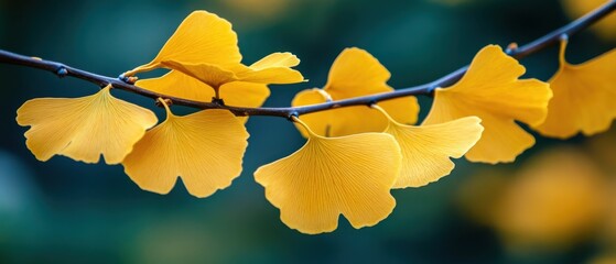 Golden ginkgo leaves on a branch in autumn, bathed in soft light against a blurred teal background, creating a serene and natural scene