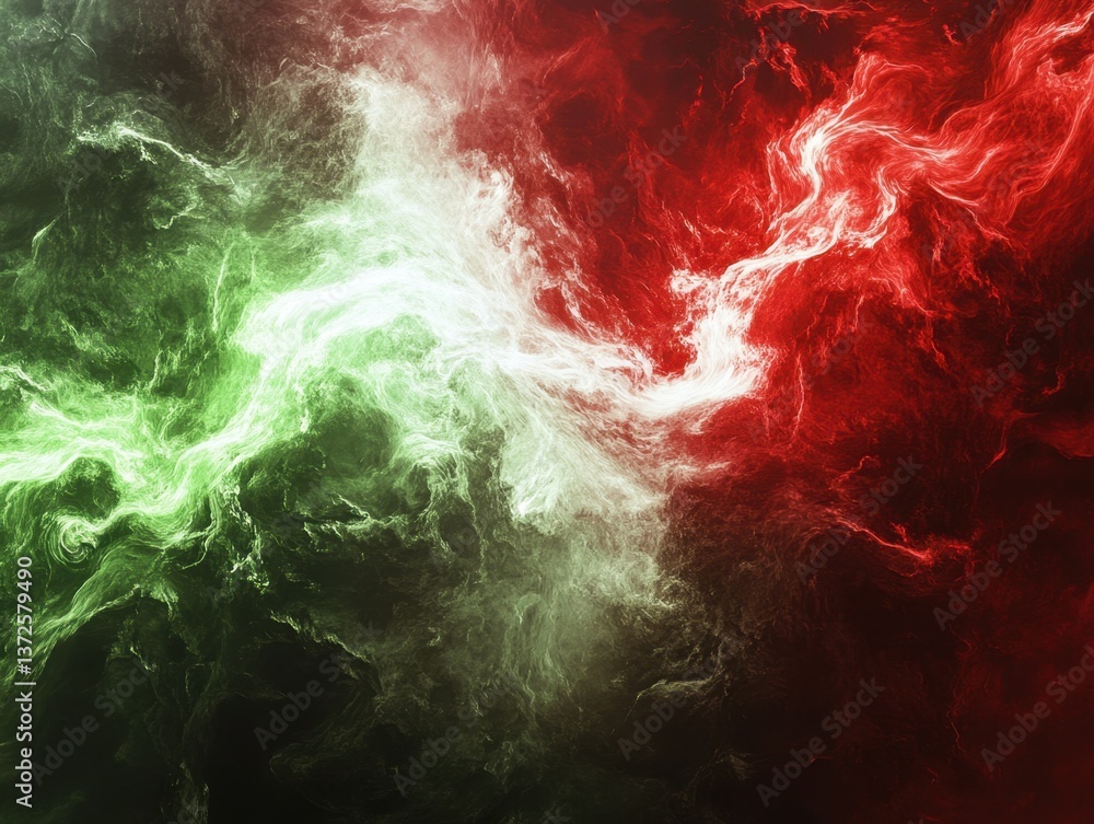 Poster abstract nebula formation in cosmic space with vibrant red and green hues creating a dynamic and eth
