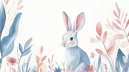Obraz premium Close up of a watercolor hare surrounded by spring flowers and plants.