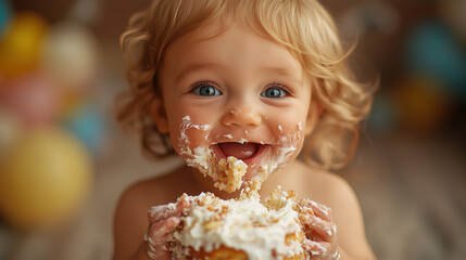 a toddler with a messy birthday cake, enjoying a fun cake smash moment