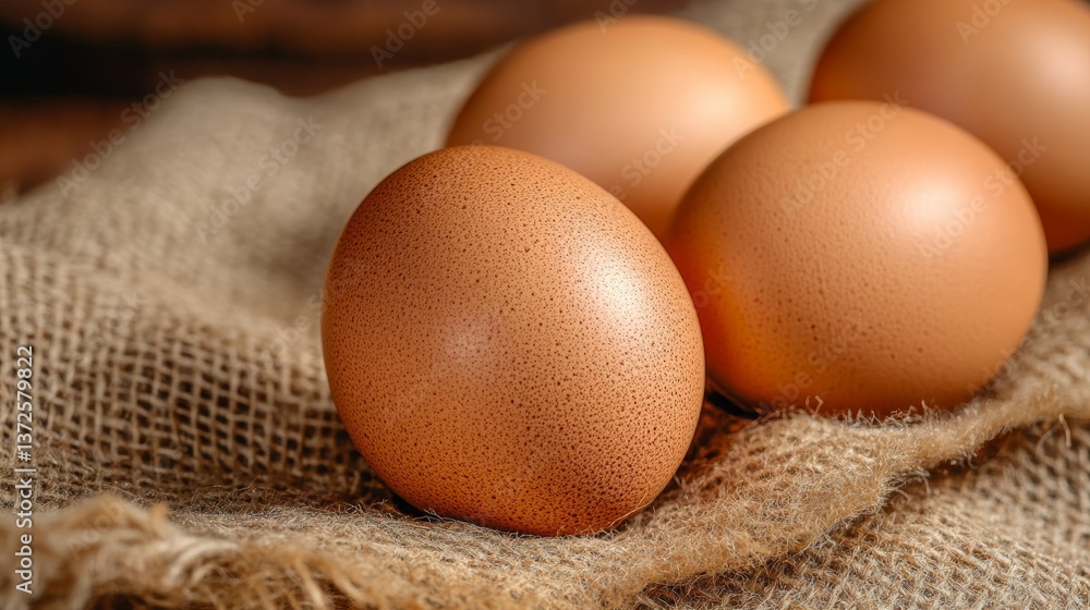 Poster closeup of eggs lying on brown burlap texture with ample copy space