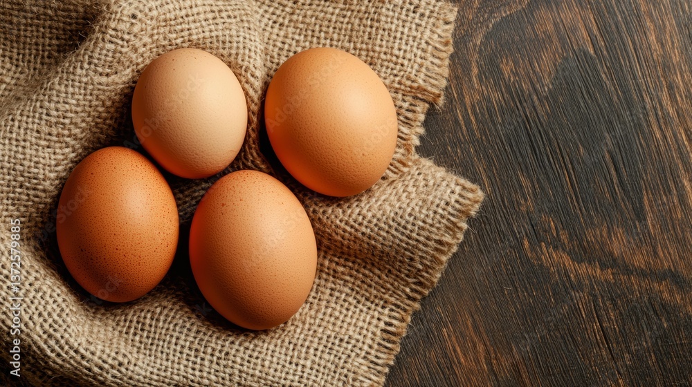 Poster closeup of eggs lying on burlap with ample copy space