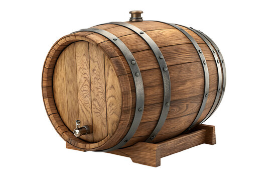 recommend clip art: Rustic wooden barrel with metal hoops and brass tap.