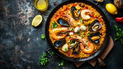 Delicious seafood paella with prawns clams mussels on saffron rice and vegetables in traditional frying pan