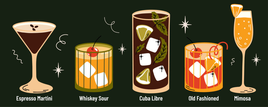Classical alcohol cocktails vector illustrations set cartoon retro groovy funky style. Collection of various summer fancy party drinks in different shapes glasses. Martini, wiskey sour, cuba libre