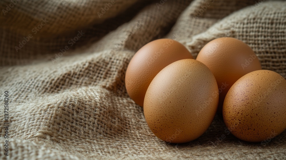 Poster eggs resting on textured burlap with ample copy space