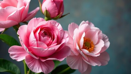 Fototapeta premium Bold oversized roses & peonies, muted palette, wall art, background