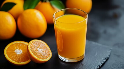 Fresh orange juice in a clear container with vibrant natural oranges on a dark background