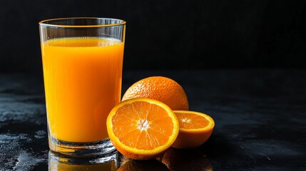 Fresh squeezed orange juice in a clear tumbler with bright natural oranges on a dark background