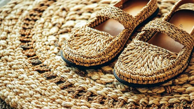 Stylish straw shoes placed on a woven mat in a bright room highlighting natural textures and design harmony