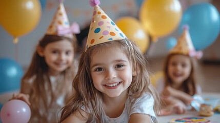 a group of children playing at a birthday party, enjoying party hats, balloons, and fun games