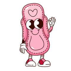 Groovy sanitary napkin cartoon character with OK sign. Funny retro absorbent cotton towel for feminine hygiene. Menstruation mascot, cartoon sanitary pad sticker of 70s 80s style vector illustration