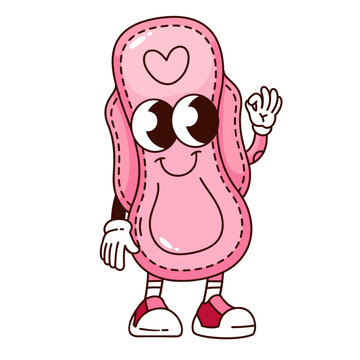 Naklejki Groovy sanitary napkin cartoon character with OK sign. Funny retro absorbent cotton towel for feminine hygiene. Menstruation mascot, cartoon sanitary pad sticker of 70s 80s style vector illustration
