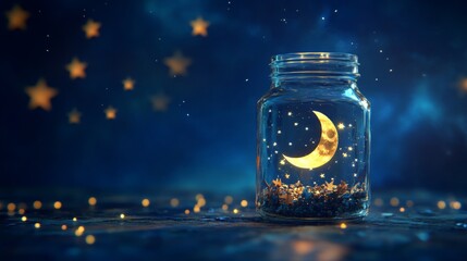 Moon and Stars in a Jar with Night Sky Background and Lunar Wishes