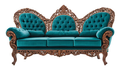 Ornate Teal Sofa with Intricate Woodwork style png