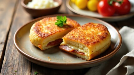 Golden-brown fried bread sandwich with melted cheese and savory filling, served on a rustic plate