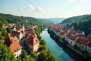Fototapeta premium Picturesque Riverfront Village with Red Roofed Houses and Lush Green Hills