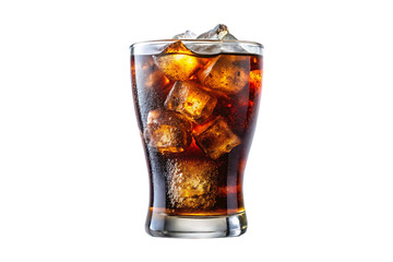 A glass of cold cola with ice cubes splashing on transparent background