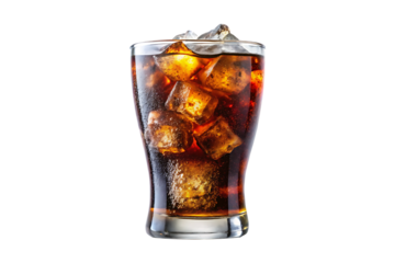 A glass of cold cola with ice cubes splashing on transparent background