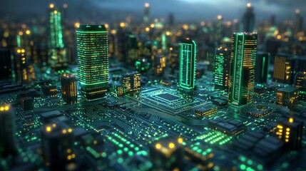 Obraz premium Futuristic City With Circuits. Tech Concept.