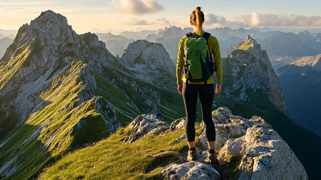 Wanderer on Hilltop Enjoying Sunset Over Majestic Mountain Range Generative AI