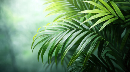 Lush green palm leaves with soft blurred background, evoking serene tropical vibe