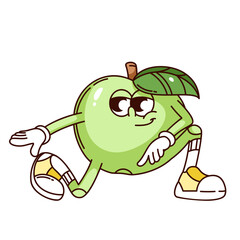 Groovy green apple cartoon character with leaf dancing in funky pose. Funny retro dance of fruit dancer. Disco party, music mascot, cartoon happy apple sticker of 70s 80s style vector illustration