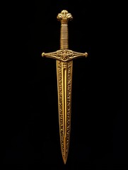 Golden Sword on Black Background Detailed Ornate Hilt and Blade Ancient Weapon Royalty Power Nobility