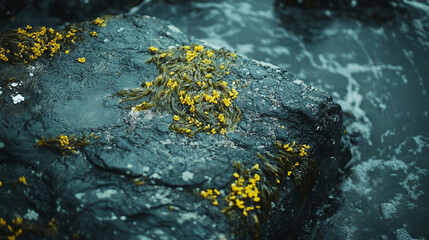 Close up of a dark rock covered in green seaweed and yellow flowers near the ocean water edge.