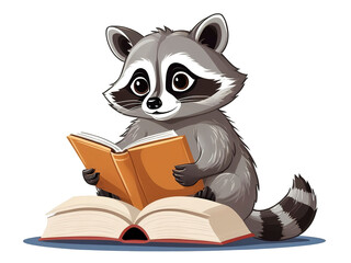 charming raccoon sitting and reading a book, with big eyes and a cozy vibe, isolated on a transparent background PNG