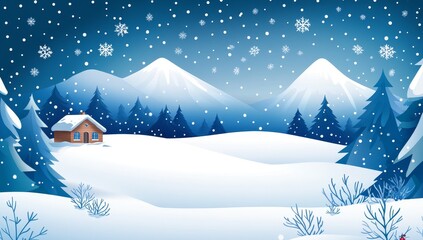 Snowy winter landscape with a cozy cabin