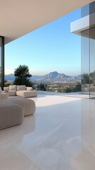 Fototapeta premium Modern patio furniture, panoramic mountain view.