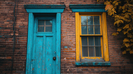 vibrant blue door and yellow window on rustic brick wall with autumn leaves
