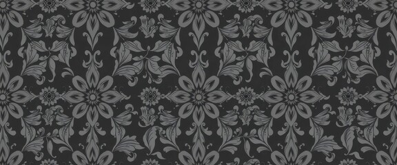 Intricate charcoal grey floral pattern, seamless repeat, backdrop, sophisticated, black and white