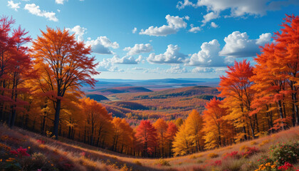Fototapeta premium panorama of autumn splendor unfolds beneath cerulean sky, showcasing vibrant orange and red foliage