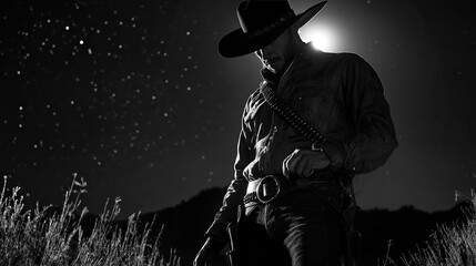 A mysterious outlaw, adjusting his gun belt under the moonlight.