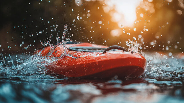vibrant red kayak splashes through water at golden hour, creating dynamic and adventurous scene