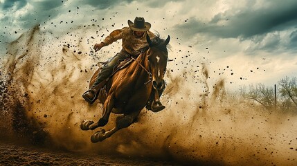 A western cowboy breaking a wild horse, thrilling rodeo moment.