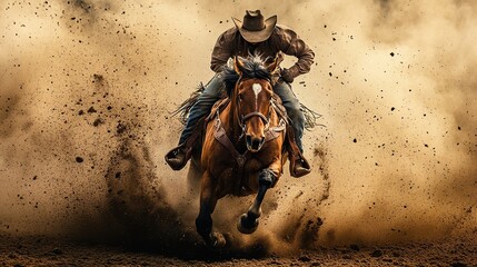 A western cowboy breaking a wild horse, thrilling rodeo moment.