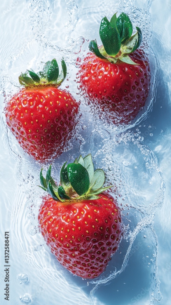 Poster captivating close up of fresh strawberries submerged in crystal clear water creating a refreshing an