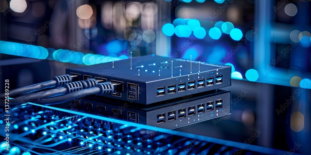 Poster modern usb hub with multiple ports displayed in a tech environment featuring blue lights and reflect