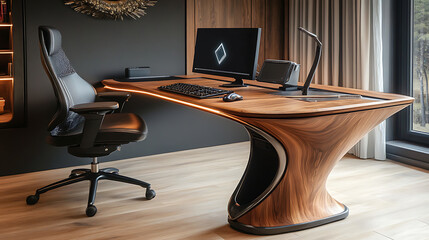 Sleek hybrid work desk with smart tools and ergonomic furniture