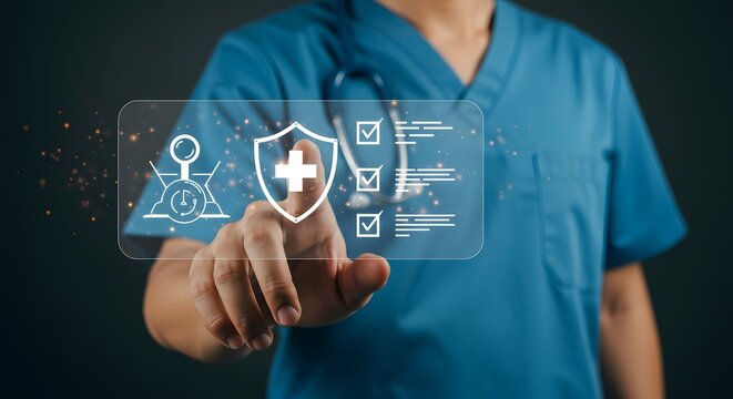 Doctor Interacting with Holographic Medical Security Interface