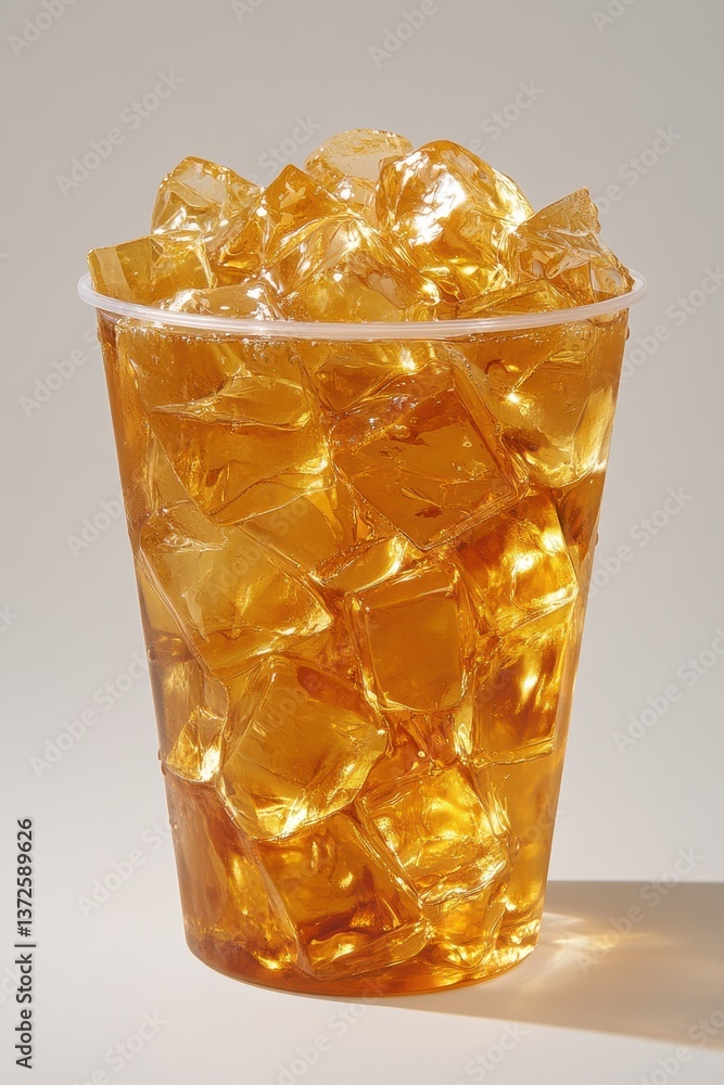 Poster refreshing iced tea with glistening ice cubes in a clear plastic cup against a plain background crea