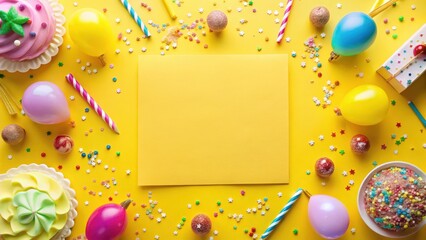Fototapeta premium Blank yellow sheet of paper with birthday items, including balloons, confetti