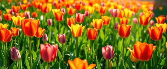 Vibrant tulips in a sun-drenched meadow, showcasing a kaleidoscope of colors, vibrant, daylight, field