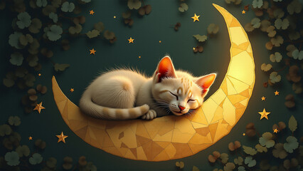 Cute tranquil illustration of a tiny kitten sleeping on an illuminated half moon